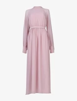 High-neck Belted Crepe Maxi Dress