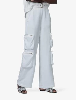Patch-pocket Belted Wide-leg Woven Cargo Trousers -Mode Charm Shop R04141977 OFFWHITE ALT04