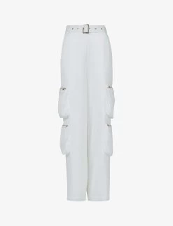 Patch-pocket Belted Wide-leg Woven Cargo Trousers