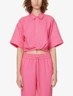 FRAME Twist-front Cropped Linen-blend Shirt -Mode Charm Shop R04146403 FLAMINGO ALT02