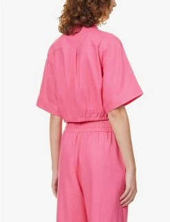 FRAME Twist-front Cropped Linen-blend Shirt -Mode Charm Shop R04146403 FLAMINGO ALT03