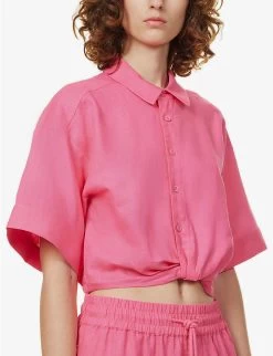 FRAME Twist-front Cropped Linen-blend Shirt -Mode Charm Shop R04146403 FLAMINGO ALT04