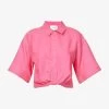 FRAME Twist-front Cropped Linen-blend Shirt -Mode Charm Shop R04146403 FLAMINGO M