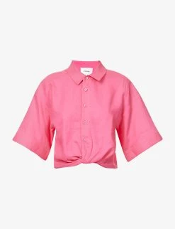 FRAME Twist-front Cropped Linen-blend Shirt