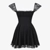 Kaia Square-neck A-line Woven Mini Dress -Mode Charm Shop R04146887 BLACK M