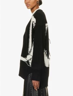 Oversized Logo-pattern Wool Knitted Cardigan -Mode Charm Shop R04148953 BLACKWHITE ALT02