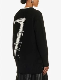 Oversized Logo-pattern Wool Knitted Cardigan -Mode Charm Shop R04148953 BLACKWHITE ALT03