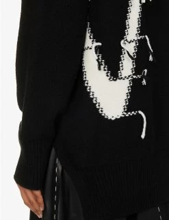 Oversized Logo-pattern Wool Knitted Cardigan -Mode Charm Shop R04148953 BLACKWHITE ALT04
