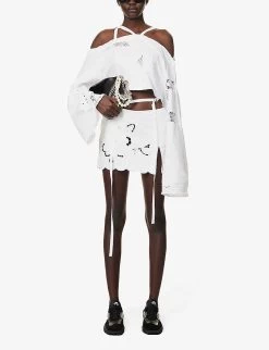 Broderie-pattern Mid-rise Upcycled Mini Skirt -Mode Charm Shop R04149757 WHITE ALT01