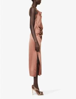 Helmut Lang Halterneck Draped Silk-blend Midi Dress -Mode Charm Shop R04150590 BLUSH ALT02