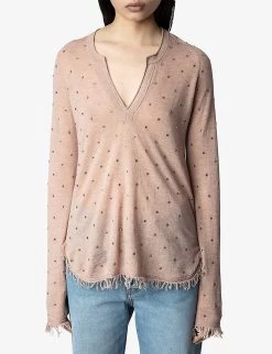Zadig & Voltaire Riviera Rhinestone-studded Cashmere Top -Mode Charm Shop R04151971 BLUSH ALT02