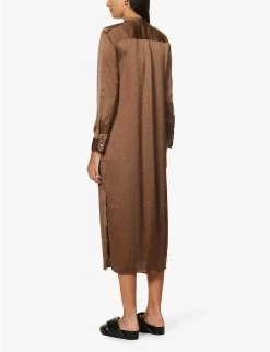 THEORY Split-hem Round-neck Satin Midi Shirt Dress -Mode Charm Shop R04152438 PECAN ALT03