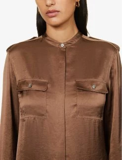 THEORY Split-hem Round-neck Satin Midi Shirt Dress -Mode Charm Shop R04152438 PECAN ALT04