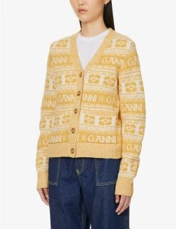 Ganni Logo Intarsia-knit V-neck Wool, Recycled-wool And Recycled-polyamide-blend Cardigan -Mode Charm Shop R04152883 MAIZE ALT02
