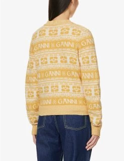 Ganni Logo Intarsia-knit V-neck Wool, Recycled-wool And Recycled-polyamide-blend Cardigan -Mode Charm Shop R04152883 MAIZE ALT03