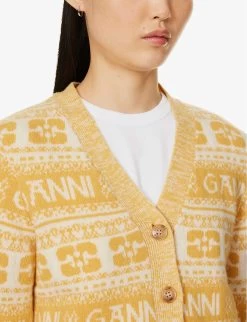 Ganni Logo Intarsia-knit V-neck Wool, Recycled-wool And Recycled-polyamide-blend Cardigan -Mode Charm Shop R04152883 MAIZE ALT04