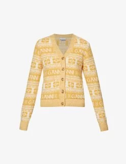 Ganni Logo Intarsia-knit V-neck Wool, Recycled-wool And Recycled-polyamide-blend Cardigan