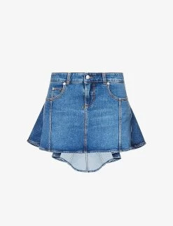 Alexander McQueen Asymmetric-hem Logo-patch Stretch-denim Mini Skirt
