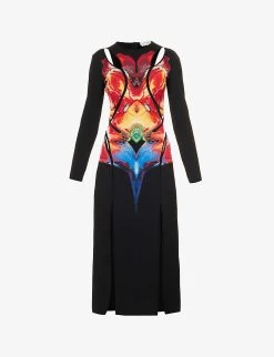 Alexander McQueen Orchid-print Cut-out Knitted Midi Dress