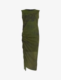 AllSaints Nora Colca Graphic-print Sleeveless Recycled-polyester Midi Dress