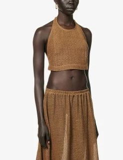 Halterneck Cropped Linen Top -Mode Charm Shop R04157398 OLIVE ALT02
