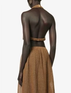 Halterneck Cropped Linen Top -Mode Charm Shop R04157398 OLIVE ALT03