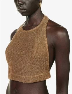 Halterneck Cropped Linen Top -Mode Charm Shop R04157398 OLIVE ALT04