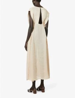 V-neck Open-back Linen Maxi Dress 10 V-neck Open-back Linen Maxi Dress -Mode Charm Shop R04157405 PEACH ALT03