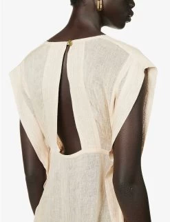 V-neck Open-back Linen Maxi Dress 11 V-neck Open-back Linen Maxi Dress -Mode Charm Shop R04157405 PEACH ALT04