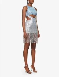 Cut-out Tassel Ombre Sequin Mini Dress -Mode Charm Shop R04157912 SILVER ALT02