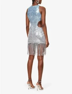 Cut-out Tassel Ombre Sequin Mini Dress -Mode Charm Shop R04157912 SILVER ALT03