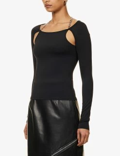 Chain-embellished Cut-out Stretch-woven Top -Mode Charm Shop R04158011 BLACK ALT02