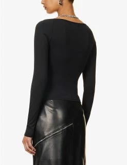 Chain-embellished Cut-out Stretch-woven Top -Mode Charm Shop R04158011 BLACK ALT03