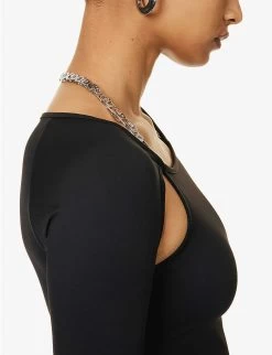 Chain-embellished Cut-out Stretch-woven Top -Mode Charm Shop R04158011 BLACK ALT04