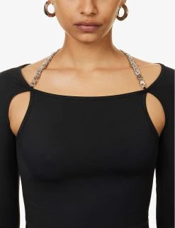 Chain-embellished Cut-out Stretch-woven Top -Mode Charm Shop R04158011 BLACK ALT05