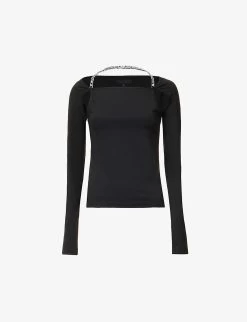 Chain-embellished Cut-out Stretch-woven Top