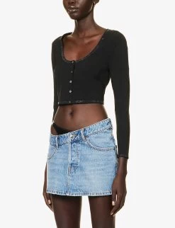 ALEXANDER WANG Crystal-embellished Cropped Stretch-woven Knitted Cardigan -Mode Charm Shop R04160684 BLACK ALT02