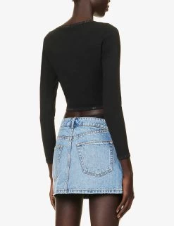 ALEXANDER WANG Crystal-embellished Cropped Stretch-woven Knitted Cardigan -Mode Charm Shop R04160684 BLACK ALT03