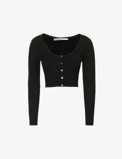ALEXANDER WANG Crystal-embellished Cropped Stretch-woven Knitted Cardigan