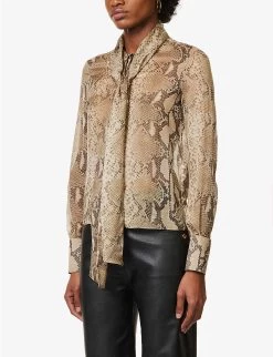 STELLA MCCARTNEY Graphic-print Tie-neck Silk Shirt -Mode Charm Shop R04160777 MULTICOLORBROWN ALT02