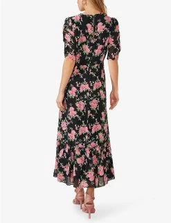 Floral-print Frill-neck Woven Midi Dress -Mode Charm Shop R04161750 BLACKPINK ALT02
