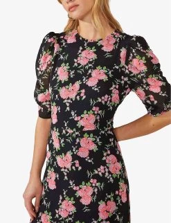 Floral-print Frill-neck Woven Midi Dress -Mode Charm Shop R04161750 BLACKPINK ALT03