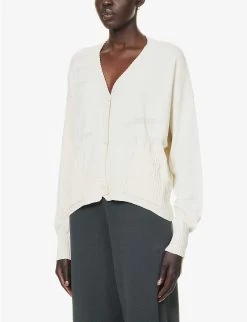 V-neck Patch-pocket Cotton Knitted Cardigan -Mode Charm Shop R04164418 NATURAL ALT02