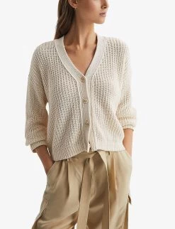 Reiss Adeena Button-through V-neck Linen And Cotton-blend Cardigan -Mode Charm Shop R04164806 NEUTRAL ALT02