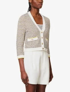 ME AND EM Striped V-neck Cotton-blend Knitted Cardigan -Mode Charm Shop R04165553 CREAMMULTI ALT02