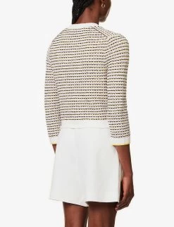 ME AND EM Striped V-neck Cotton-blend Knitted Cardigan -Mode Charm Shop R04165553 CREAMMULTI ALT03