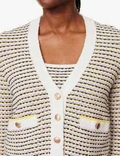 ME AND EM Striped V-neck Cotton-blend Knitted Cardigan -Mode Charm Shop R04165553 CREAMMULTI ALT04
