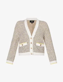 ME AND EM Striped V-neck Cotton-blend Knitted Cardigan