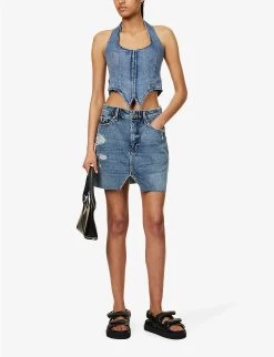 GOOD AMERICAN Distressed Notched-hem Recycled-denim Mini Skirt -Mode Charm Shop R04166609 INDIGO496 ALT02