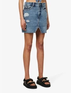 GOOD AMERICAN Distressed Notched-hem Recycled-denim Mini Skirt -Mode Charm Shop R04166609 INDIGO496 ALT03